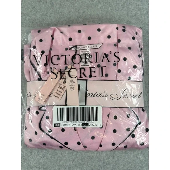 Victoria's Secret XXL Pink Polka Dot Satin Long Pajama Set 2 Piece Sleepwear NWT